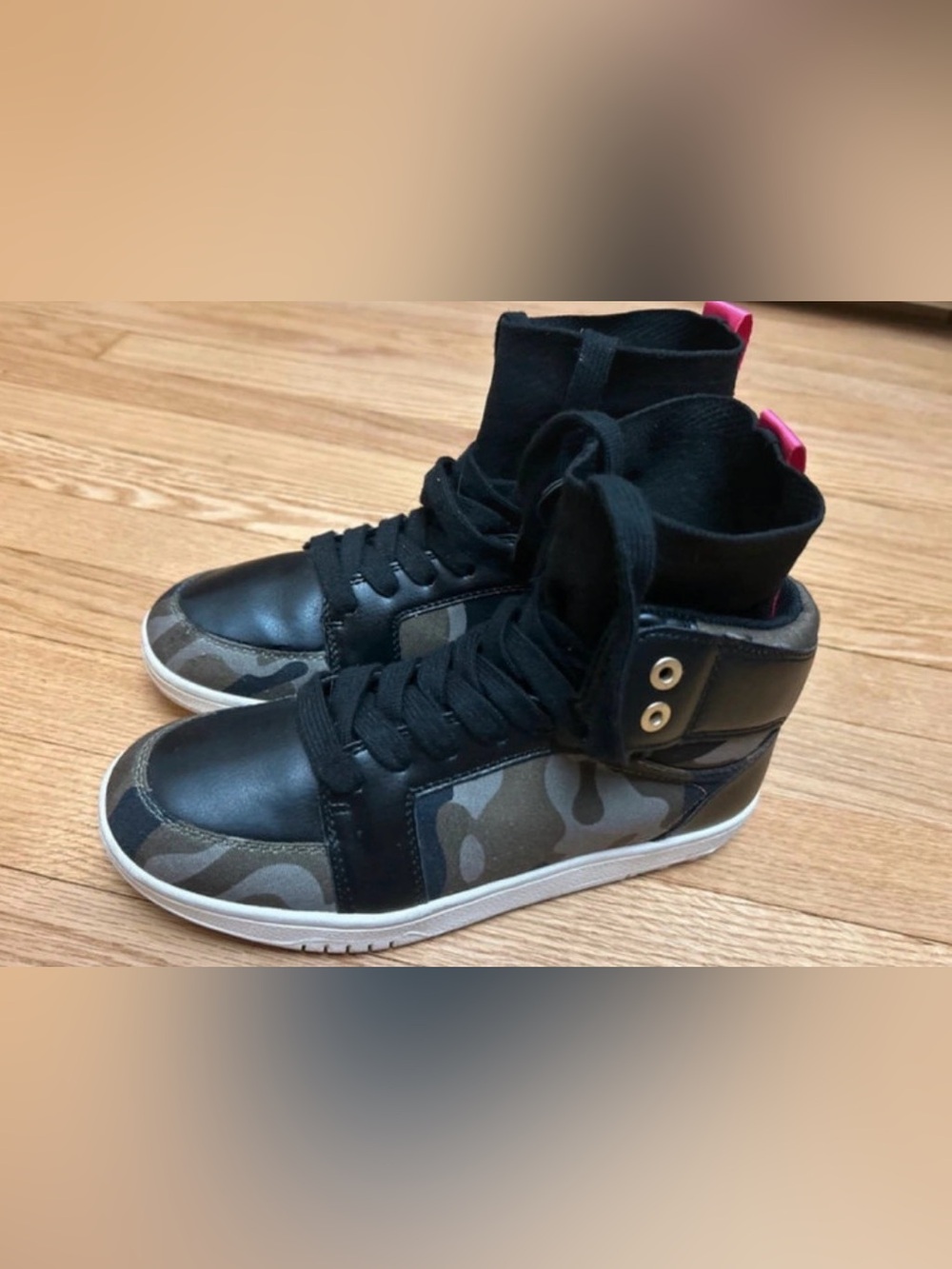 Shoe Dazzle Black Camo High-Top Sneakers with Pink Heel Tab